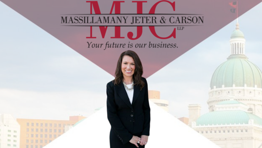 Image of Amy O Carson under MJC logo in front of faded buildings