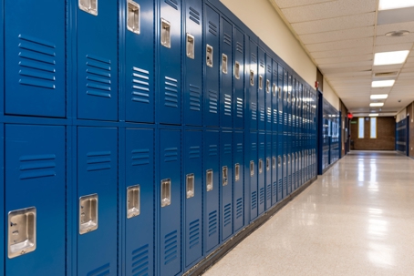 Lockers in high school hallway